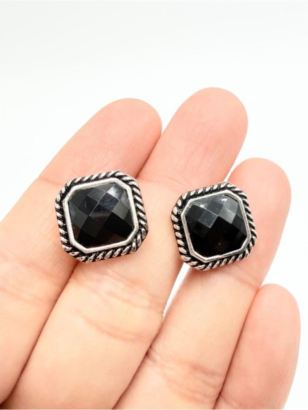 Vintage NWH Black Stone Clip-On Earrings Silver Tone Geometric Stud